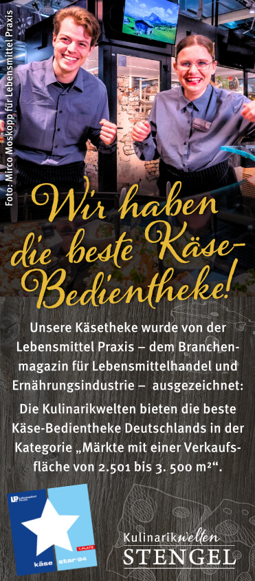 Wir haben gewonnen! Unsere Käsetheke wurde von der Lebensmittel Praxis – dem Branchenmagazin für Lebensmittelhandel und Ernährungsindustrie – ausgezeichnet: Die Kulinarikwelten bieten die beste Käse-Bedientheke Deutschlands in der Kategorie „Märkte mit einer Verkaufsfläche von 2.501 bis 3. 500 m²“.