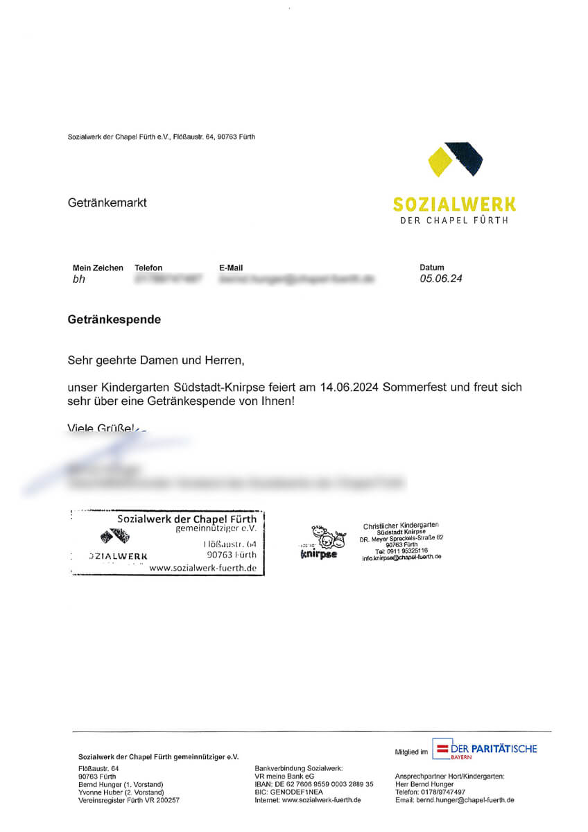 Getränkespende für das Sommerfest des Kindergartens Südstadt-Knirpse