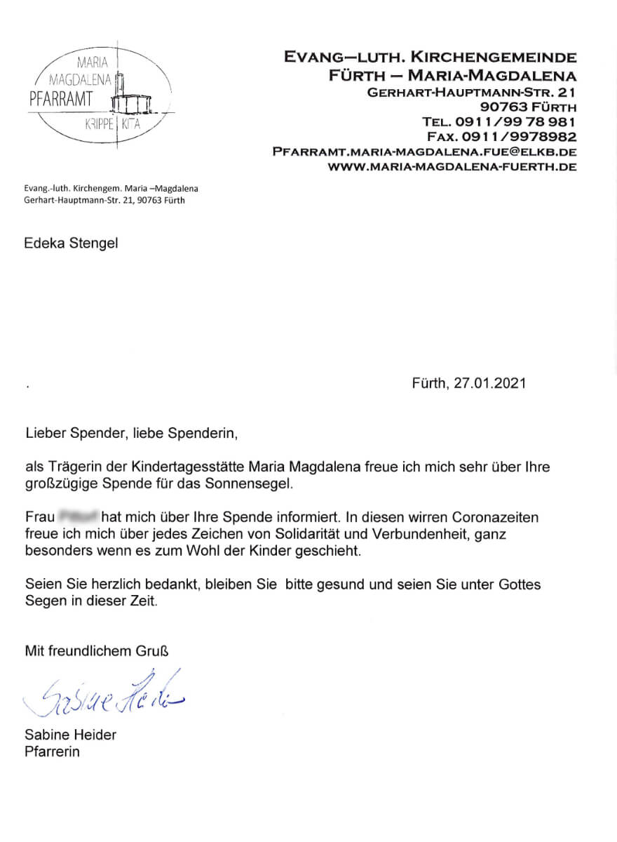 Geldspende für das Sonnensegel des Kindergartens Maria-Magdalena