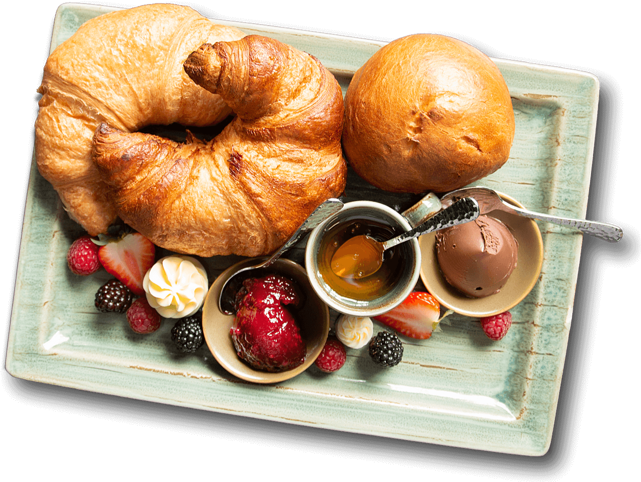 Unser Frühstück "Sweet Dreams": 3 Croissants nach Wahl, Nutella, hausgemachte Marmelade, frische Beeren, Honig